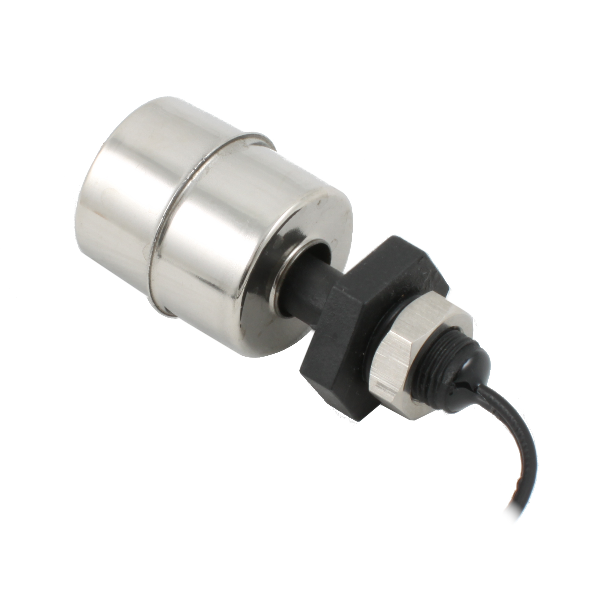 Поплавковый датчик уровня жидкости, вертикальное исполнение, -20 +80 С, соединение- резьба 1/8"PF полипропилен, кабель 500 мм, поплавок D=25 мм нерж. сталь