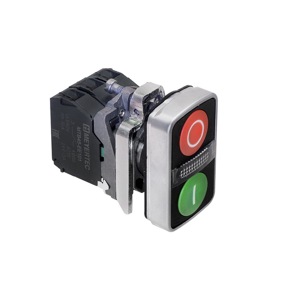 Кнопка двойная плоская с подсветкой, красная/зеленая, маркировка "I+O", 1NO+1NC, 24V AC/DC, IP65, металл