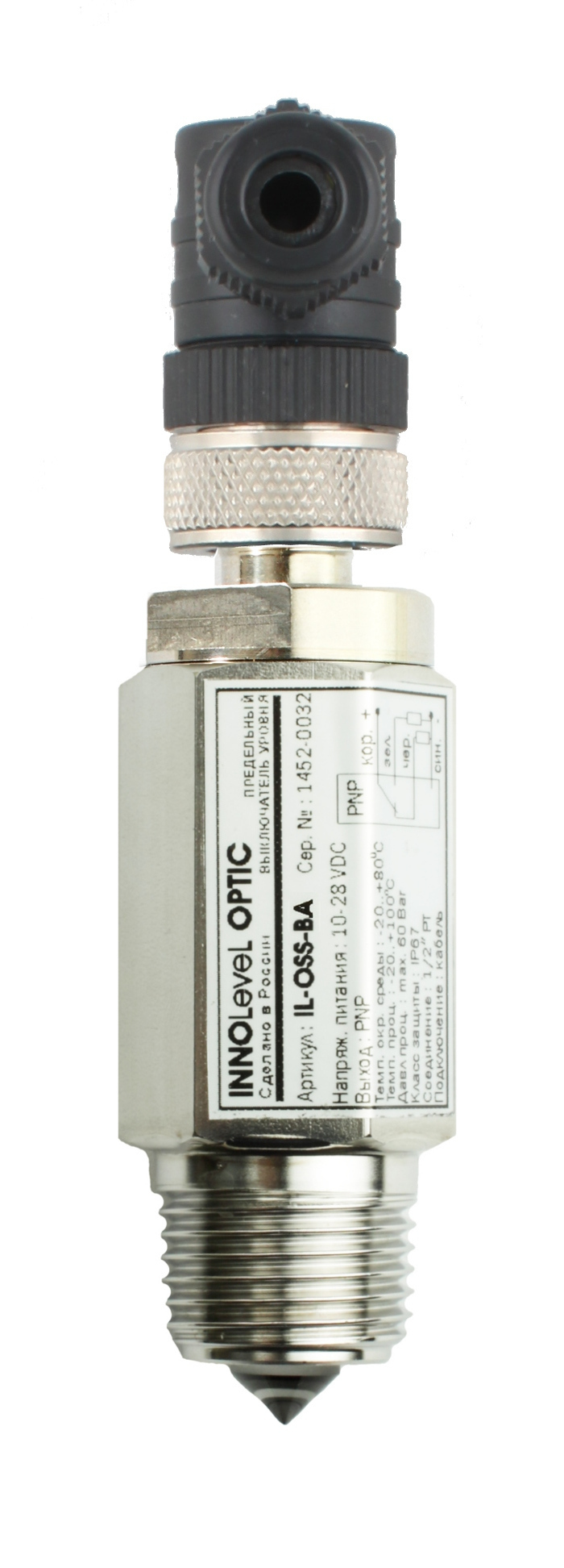 Оптический контактный датчик уровня жидкостей в корпусе из нерж. стали, -20 +100 С, Pmax=60 bar, 10-28 VDC, IP67, соединение- резьба 1/2" PF (цилиндрическая), выход PNP NO+NC, разъем M12x4 pin