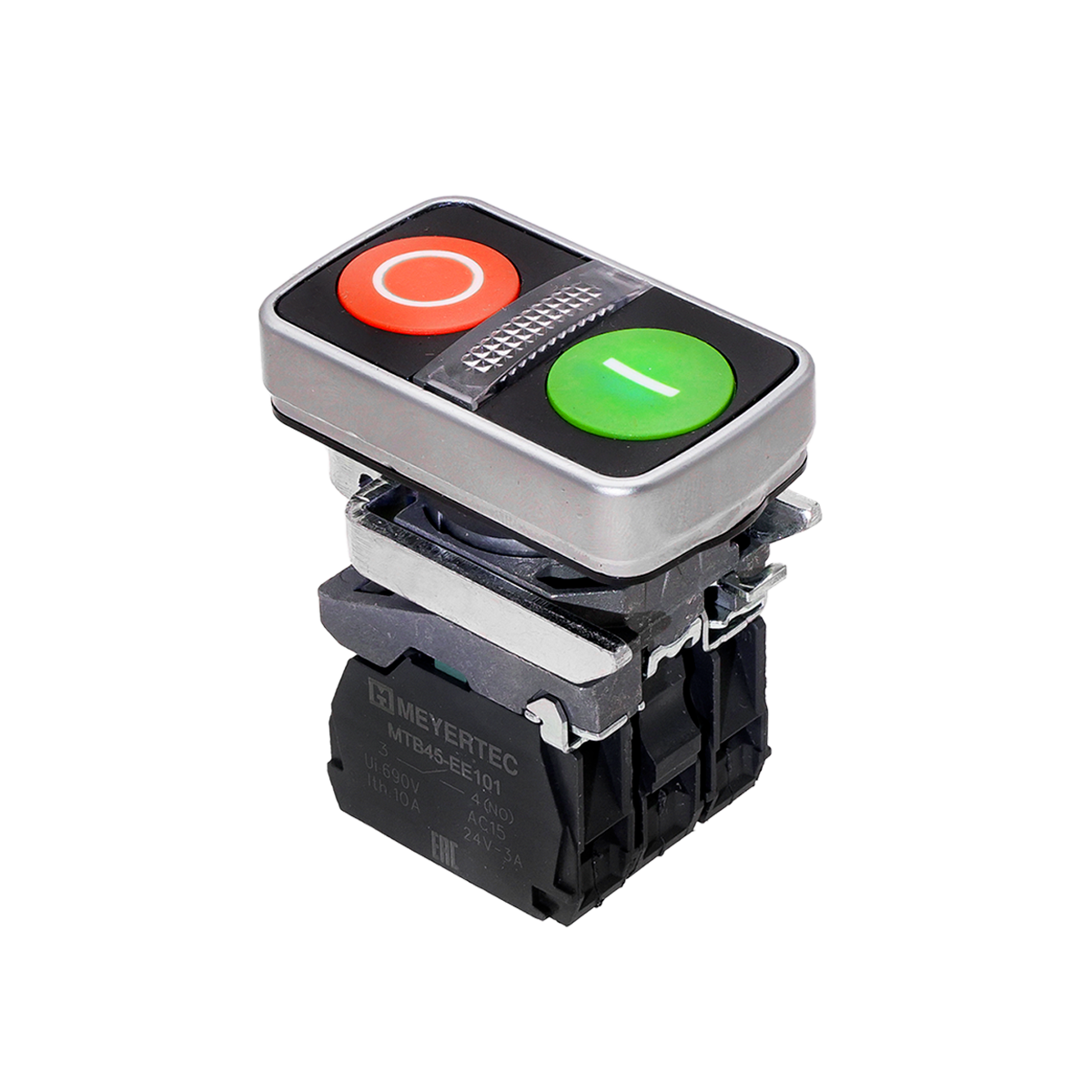 Кнопка двойная плоская с подсветкой, красная/зеленая, маркировка "I+O", 1NO+1NC, 24V AC/DC, IP65, металл