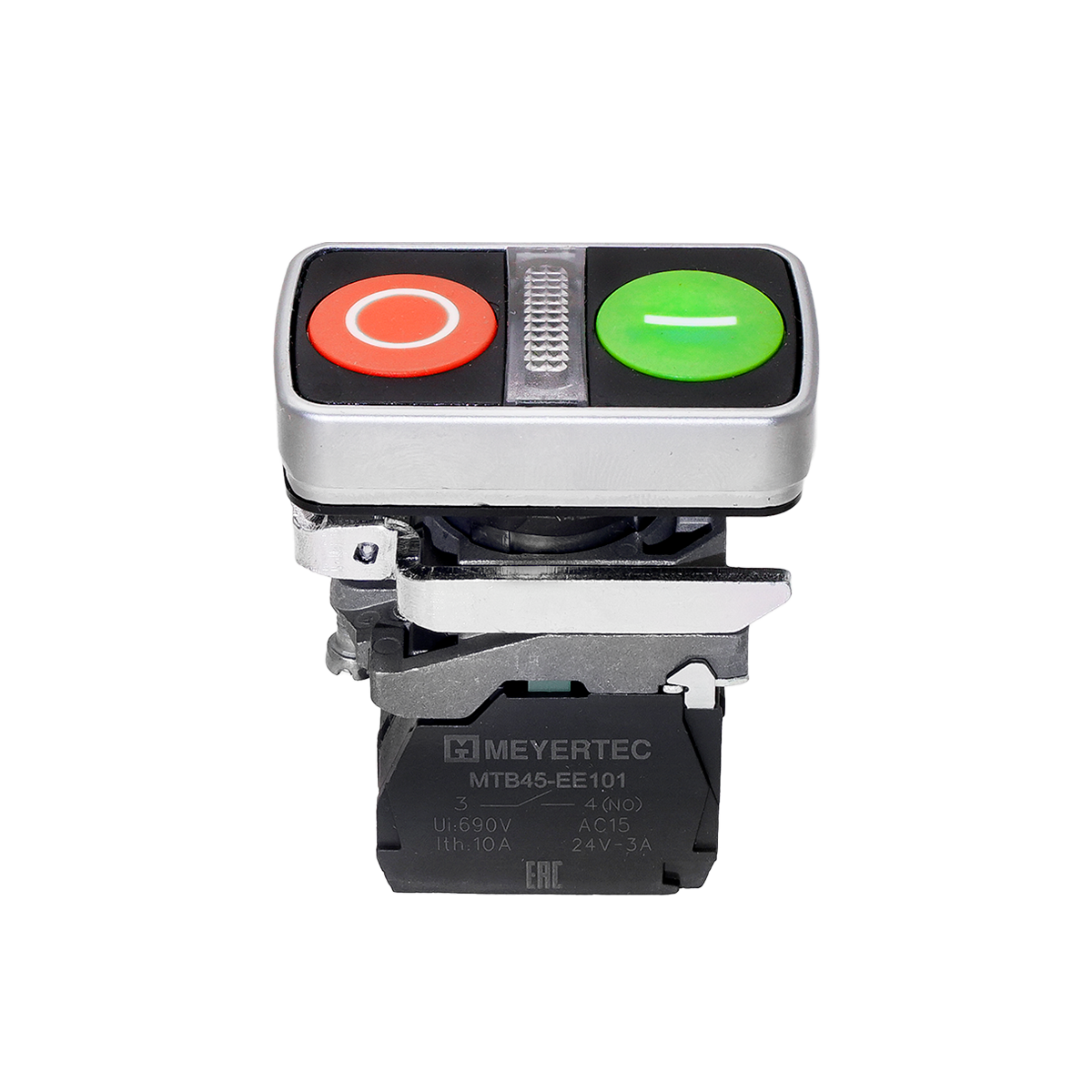 Кнопка двойная плоская с подсветкой, красная/зеленая, маркировка "I+O", 1NO+1NC, 24V AC/DC, IP65, металл